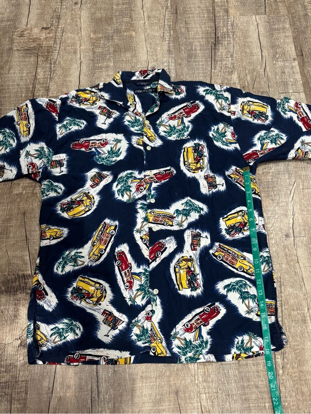 Nautica Navy Short-Sleeve Button-Up Shirt with Yellow & Red Surf Wagon Print - Picture 2 of 4